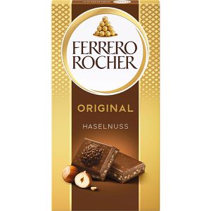 Ferrero-Rocher Tafelschokolade Original Haselnuss, 27% Kakaogehalt, mit Haselnusscreme und -Stückchen, 90 g