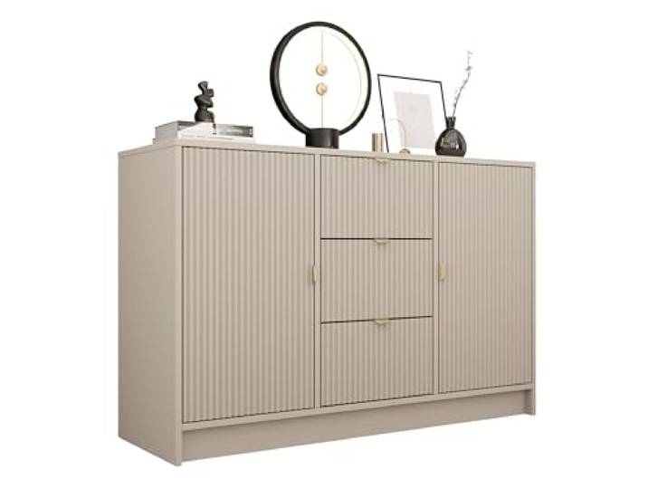 Mirjan24 Kommode Tireno 2D3SZ mit 3 Schubladen und 2 Türen (Sandbeige) Sideboard mit geriffelten Fronten, goldfarbenen Griffen und Stauraum für Kleidung und Accessoires, B/H/T: 118/75/40 cm