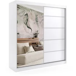 KLEIDERSCHRANK mit Spiegel-Schiebetüren und Aluminium-Leisten, LED-Beleuchtung - MAKI - 200 cm Weiß