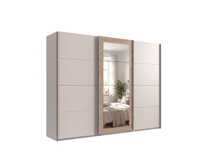 Schwebetürenschrank 3-trg. Kleiderschrank 270 cm Beige Grau, Eiche Natur Dekor, Spiegel / 22628
