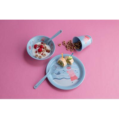 Kindergeschirr-Set KOZIOL "PEPPA PIG WAVES AT HOME", blau (powder blau), 4 Stk., Kunststoff, Geschirr-Sets, (Teller, Schale, Becher, Besteck-Set), melaminfrei