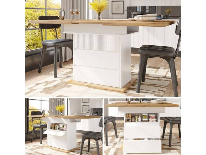 Table à manger télescopique - TRUXEN8 - Extensible - Rangement intégré - Blanc