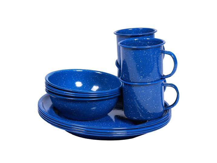 Camping Geschirr Emaille 12-teilig blau