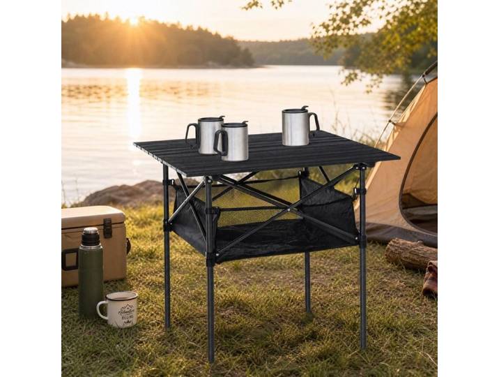 Table de jardin pliante - ZEVKOR - 70×70×69 cm - Carrée - Plateau aluminium enroulable - Filet de rangement