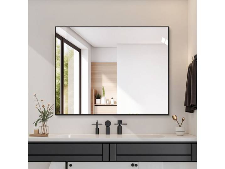 Miroir mural salle de bain 90x70 cm avec cadre en aluminium noir verre HD sans cuivre 5 mm pose horizontale ou verticale