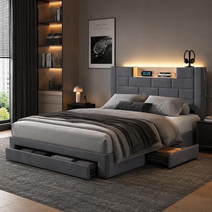 Polsterbett 140 x 200 cm mit 3 Schubladen, Doppelbett Bettrahmen 140x200 mit LED und USB, Industrieller Bettrahmen, Bett mit stauraum, Samtmaterial, Bequem und atmungsaktiv