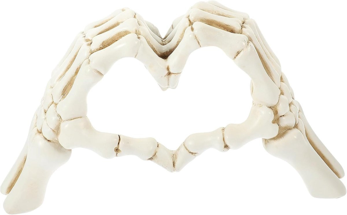 Beige Hart Beeldje met Skelet Handen - Moderne Kunst Sculptuur voor Huisdecoratie - B/D/H: 24 x 13 x 6 cm