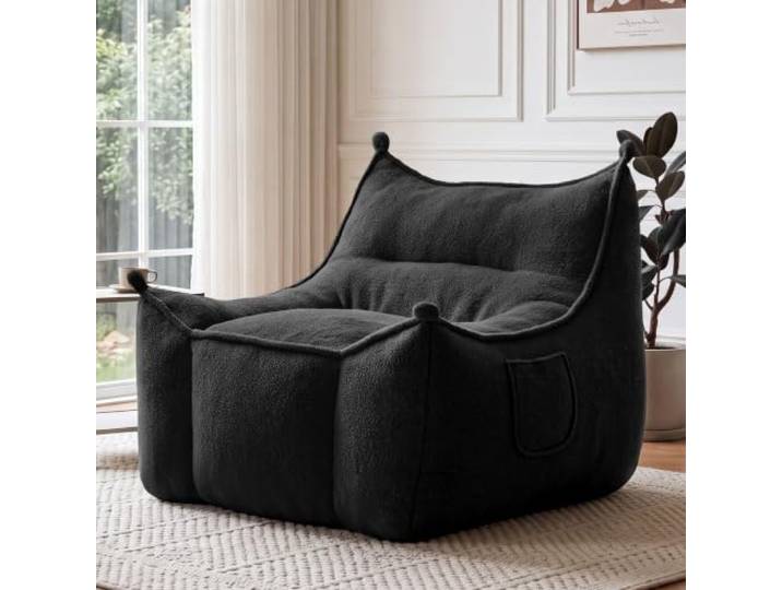 Dyonery Erwachsene Woll-Sitzsackstuhl, mit dickem Rückenlehne, Sitzsacksofa aus Lammfellstoff, schwarz Memory-Schaum-Sitzsack, geeignet für Wohnzimmer, Schlafzimmer oder Spielzimmer.