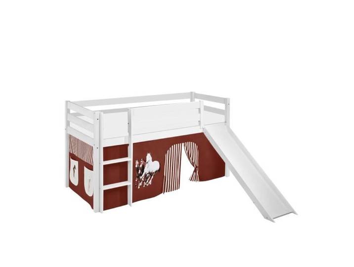 Lit surélevé ludique JELLE 90 x 190 cm Chevaux marron beige - avec rideaux et toboggan - LILOKIDS - blanc laqué