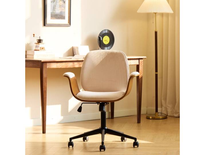 Chaise de bureau en bois et velours côtelé beige