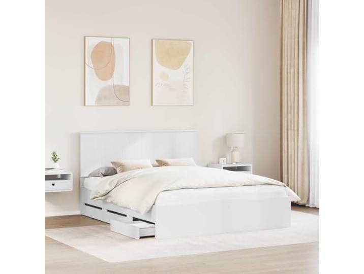 SKTQYQO Bettgestell weiß 160 x 200 cm aus technischem Holz Selbsttragendes Design, feste Latten, versteckte Schubladen, einfache Wartung