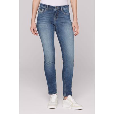 Slim-fit-Jeans SOCCX, Damen, Gr. 27, Normalgrößen, blau vintage printed, Denim/Jeans, Material: 97% Baumwolle, 3% Elasthan, Zusatz: Enthält nichttextile Teile tierischen Ursprungs (Badge), Abriebeffekte, slim fit, Jeans Slim-fit-Jeans, mit normaler...