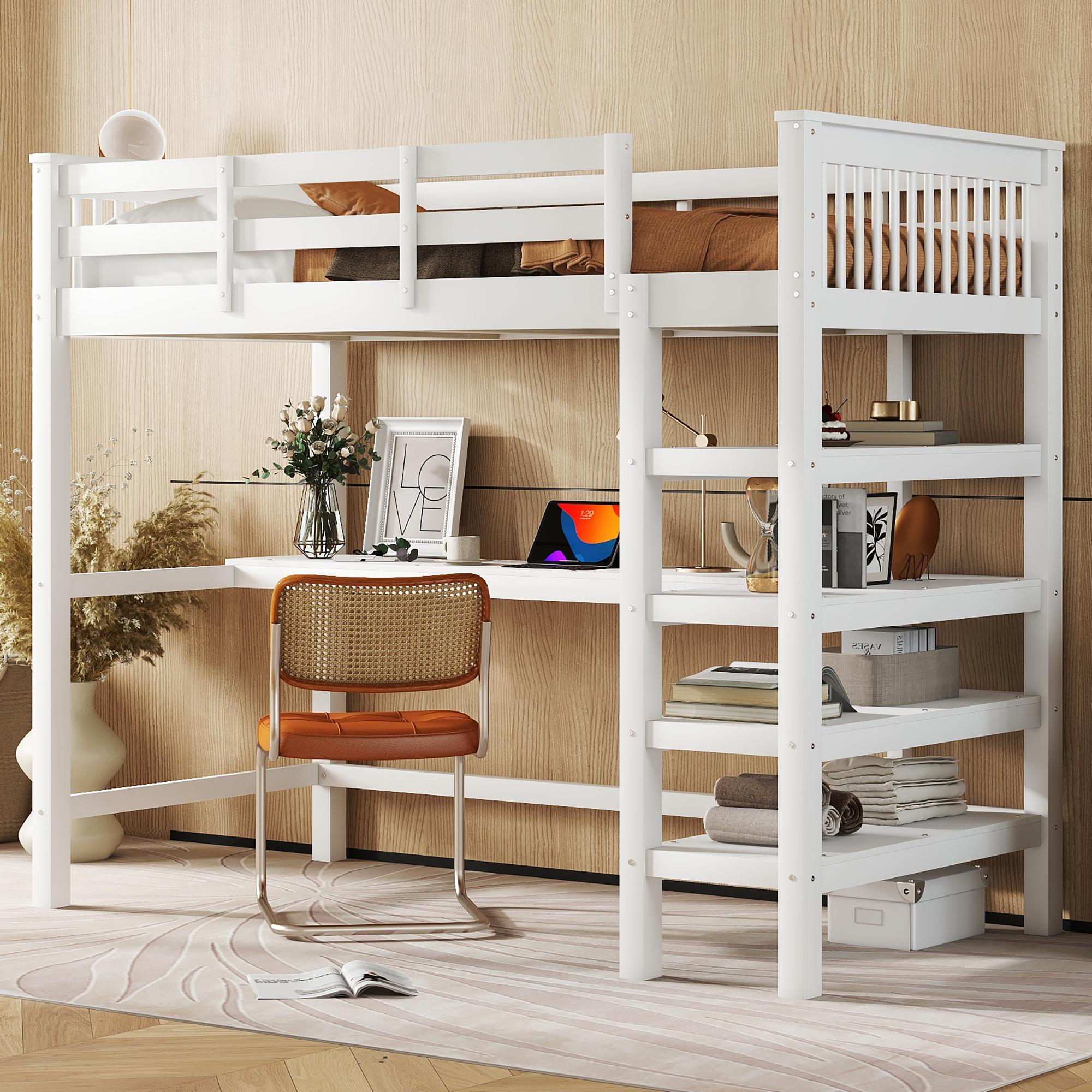 Hochbett 90x200cm, Ablagefächer, Unterbettschreibtisch, ohne Matratze (White)