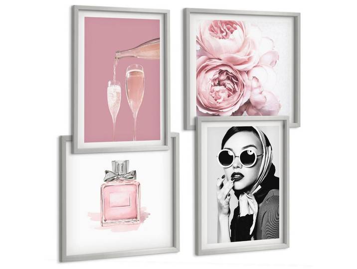 Tulup Bilder SET 4er Set - 50x50 cm & 40x60 cm Silberner Rahmen - Stilvolle pinkfarbene Accessoires, Silberfarben, Kunststoff, Rechteckig, 50x50 cm, Fotografie, Bilder & Rahmen, Bilder