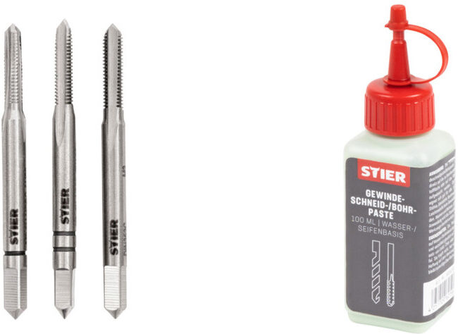 Set Stier STIER Handgewindebohrer Satz 3-tlg. DIN 352 HSS-G M 3 + STIER Gewindeschneidpaste Bohrpaste 100 ml Wasser-/ Seifenbasis