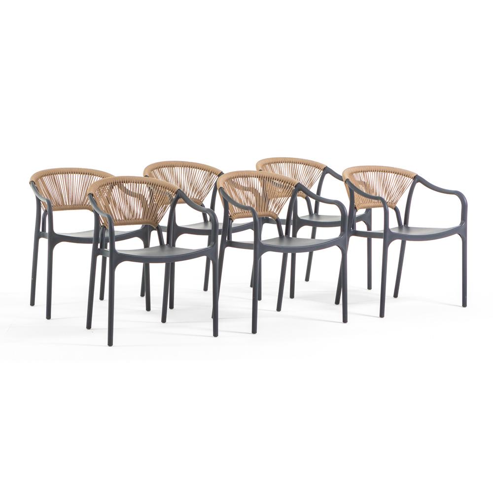 6er-Set stapelbare Stühle aus Polypropylen mit Rückenlehne aus geflochtenem Seil und Armlehnen, für Garten, Terrasse, Bars und Restaurants - Jennifer Grau