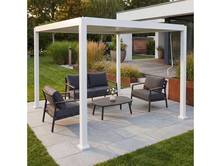 Pergola HWC-P65, Terrassenüberdachung Gartenpavillon Lamellen-Pavillon, 10cm-Aluminium-Gestell 3x3m weiß