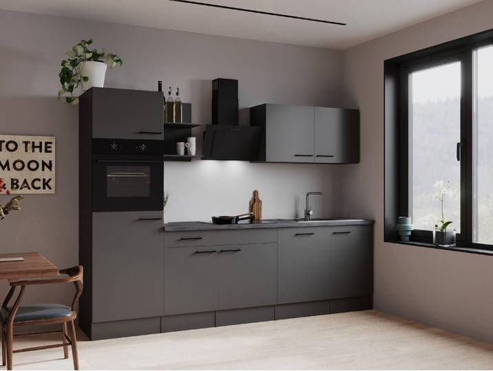 Respekta Küche Küchenzeile Oliver 280 cm mit Regal – Grau Matt