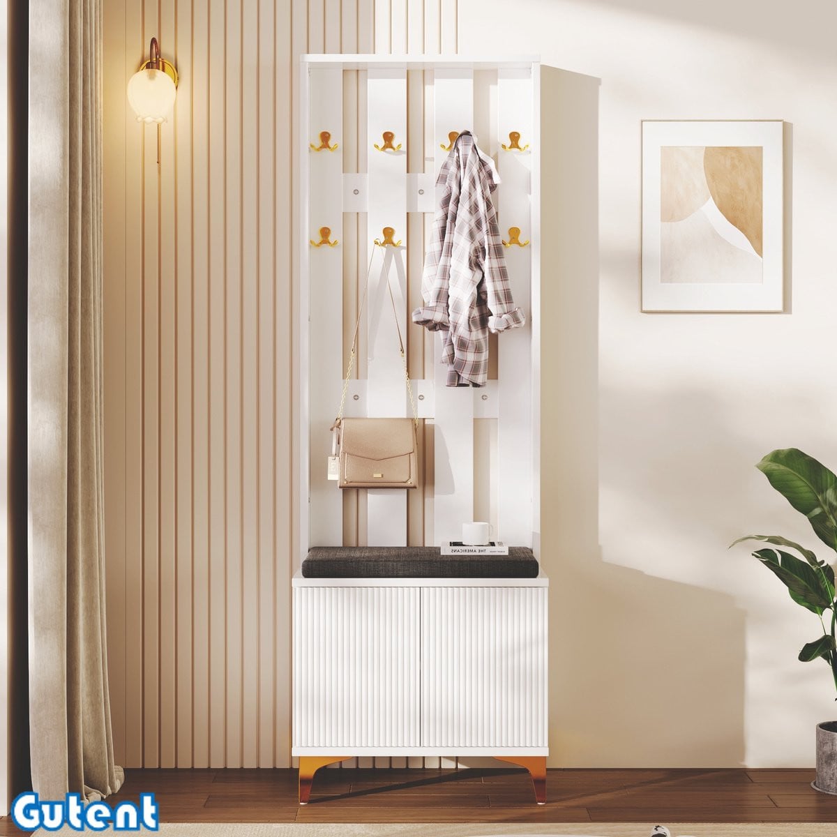 Gutent Garderobeset met schoenenkruk, kussen en haken, Wit