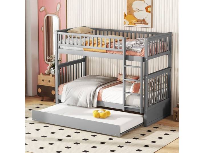 Lits superposés séparables enfant 90x200 cmLit triple avec lit gigogne 90X190 lit enfant avec barrières Cadre pin Gris