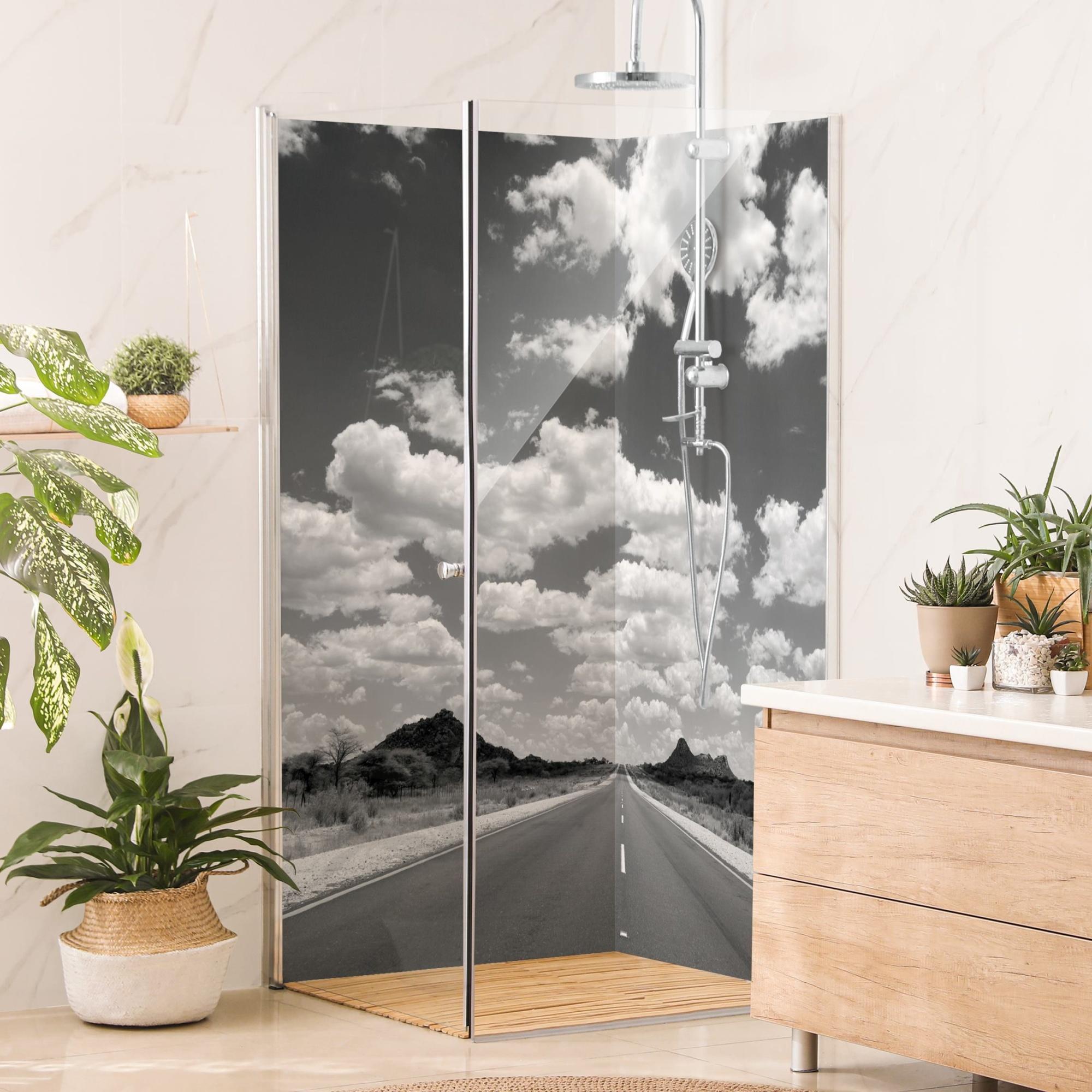 Duschrückwand Natur selbstklebend - 0.35 mm Wandpaneel wasserfest Wolken schwarz weiss Motiv Badrückwand fugenlos Smart matt 110x210 cm