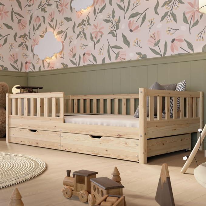 Kinderbett mit Schublade 90x200cm - Massives Montessori Bodenbett aus Holz mit Rausfallschutz - Sicheres Kleinkindbett - Skandinavisches Design Leichte Montage - Crazy Basic