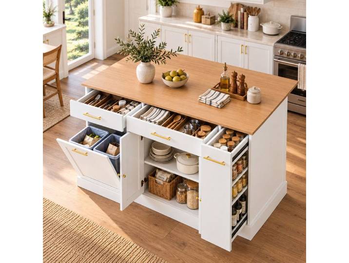 ilot Central Cuisine avec compartiment pour poubelle et 3 tiroirs Table à Manger avec étagère latérale coulissante Blanc