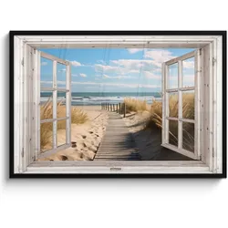 POSTER MIT RAHMEN Fenster - Meer - Küste - Natur - Ausblick - Strand - Wattenmeer 120x80 cm