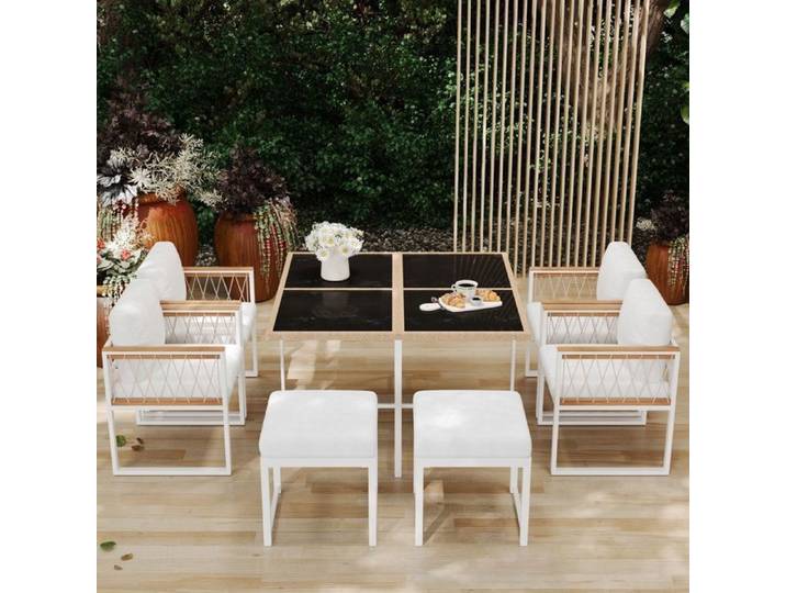 Ensemble de mobilier de jardin 7 pièces plateau de table en verre trempé avec accoudoirs revêtement en corde de polyester blanc.
