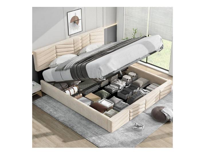 Odikalo Stauraumbett Polsterbett Lattenrost Kopfteil Holzlatten Samt Beige/Grau 140/180x200