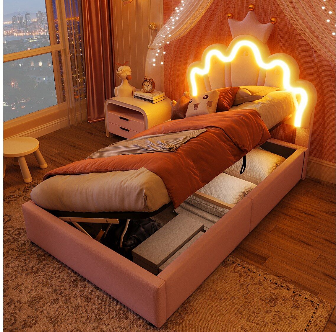 Hauss Spole Roze kinderbed met opbergruimte, prinsessenbed 90 x 200 cm, met ledverlichting, verstelbaar hoofdeinde, PU (zonder matras)