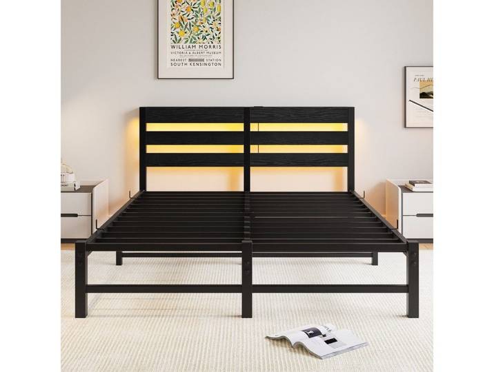 BBWL Metallbett LED Bettgestell mit USB Ladestation, Stauraum unter Bett, Metallbett stabiles Stahlbett ohne Boxspring, modernes Design