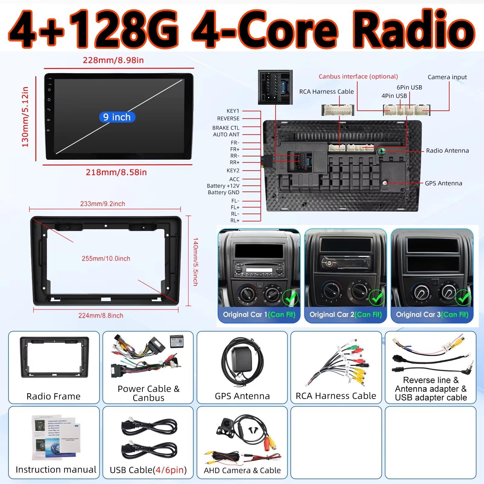 Autoradio für Fiat Ducato, Citroën Jumper und Peugeot Boxer - 22,9 cm Touchscreen - Android 15 - 4 GB RAM/128 GB Speicher - AHD-Kamer Unterstützung - Kabelloses CarPlay und Android Auto