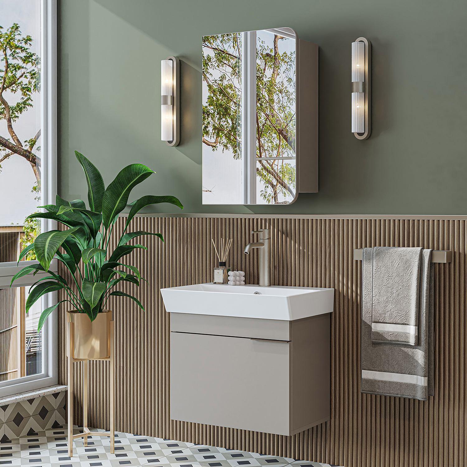 Skye Decor, Moderne Badezimmermöbel Set (2 Teile) mit Waschbecken & Spiegel, Sandstein