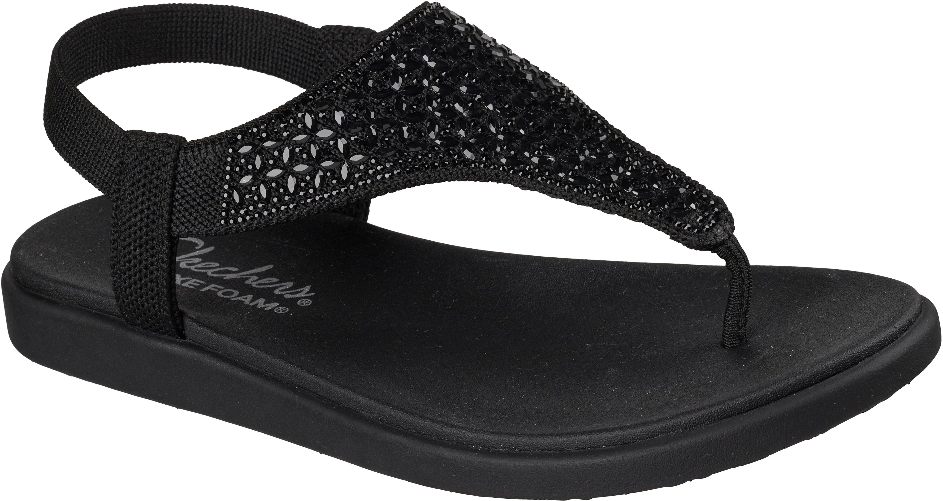 Sandale SKECHERS "MEDITATION LUXE", Damen, Gr. 41, schwarz (schwarz unifarben), Textil, Glitzer, Schuhe Sandale, Sommerschuh, Zehentrenner, Strandschuh mit Glitzersteinchen schwarz unifarben 41