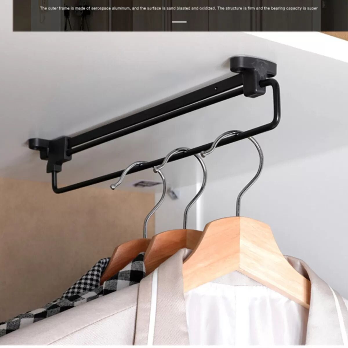 INF Ausziehbare Kleiderstange – Top‑Mount Schrankstange, Schwarz, 35.5cm kompakte Bauform