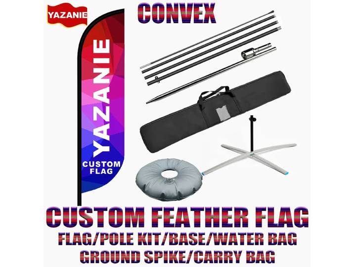Drapeau publicitaire personnalisé en forme de plume convexe avec kit de mât, base croisée, piquet de sol, simple ou double face, pour plage et événements