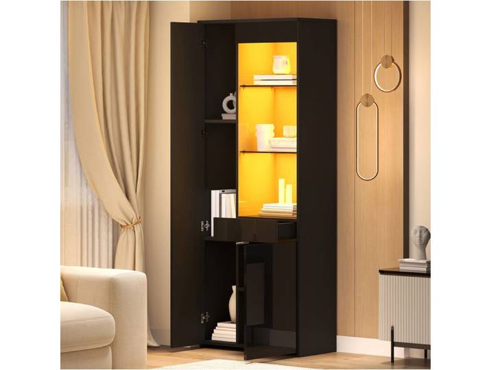 VUENOR Vitrine haute noire 70 x 35 x 180 cm – façade brillante LED 2 portes 1 tiroir