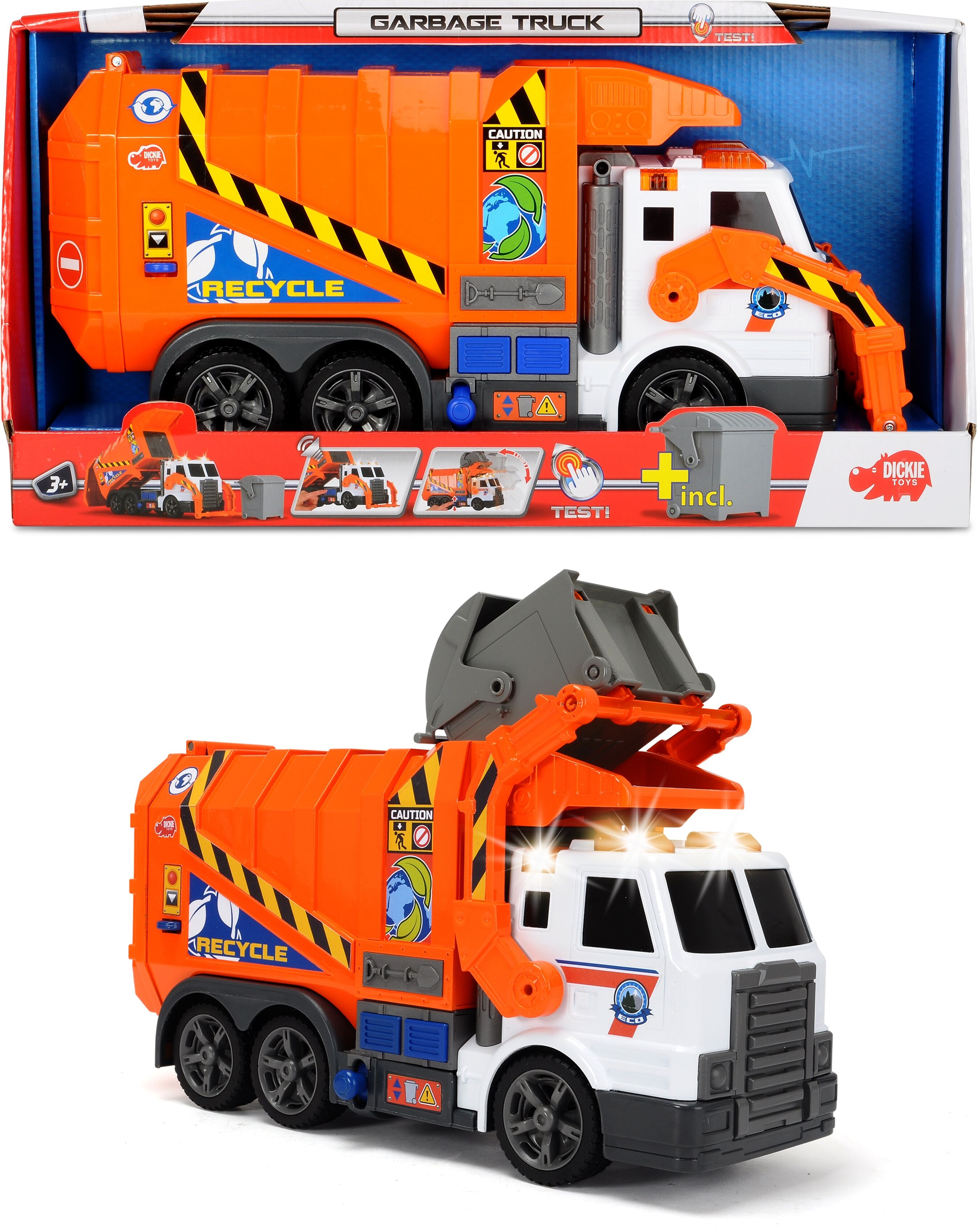Spielzeug-Müllwagen DICKIE TOYS "Action Series Garbage Truck", orange, Spielzeugfahrzeuge, Kinder, Spielzeug-Müllwagen, mit Licht und Sound