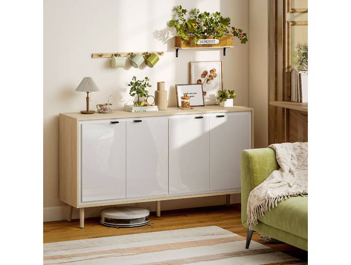 HOMCOM Buffet Blanc Chêne 4 Portes Étagères Réglables 141x35x77cm