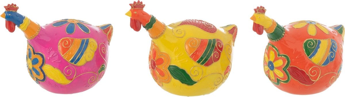 J-Line Decoratie Kip met Bloemen - Polyresin - Mix - Medium - 3 stuks