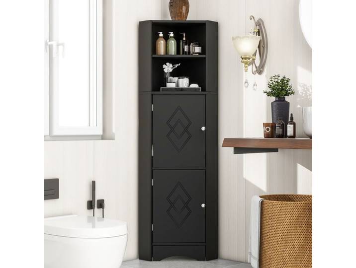 Armoire de salle de bains 36.5x 36.5 x 155 cm Mobilier de salle de bain Noir Armoire d'angle avec deux fentes