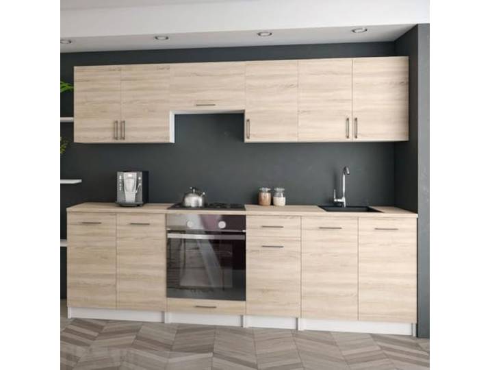 roe furniture Moderne Küchenzeile ohne Elektrogeräte in Sonoma - Einbauküche mit viel Stauraum - Erweiterbares 2,4-m-Set inkl. Arbeitsplatten in Sonoma - 240 x 82 x 46 cm (B/H/T)