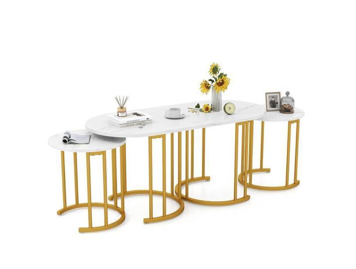 Ensemble 3PCS Tables Basse Empilables COSTWAY Plateau Marbre Synthétique Blanc Table Basse Salon Ovale 2 Tables d'Appoint Rondes