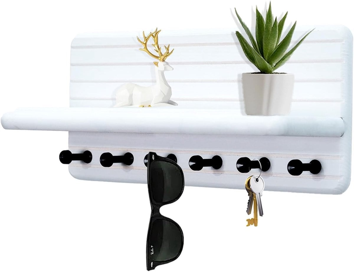 SnelShoppen Houten Wand Sleutelhanger met 5 Haken - Wit - Decoratieve Sleutel Organizer