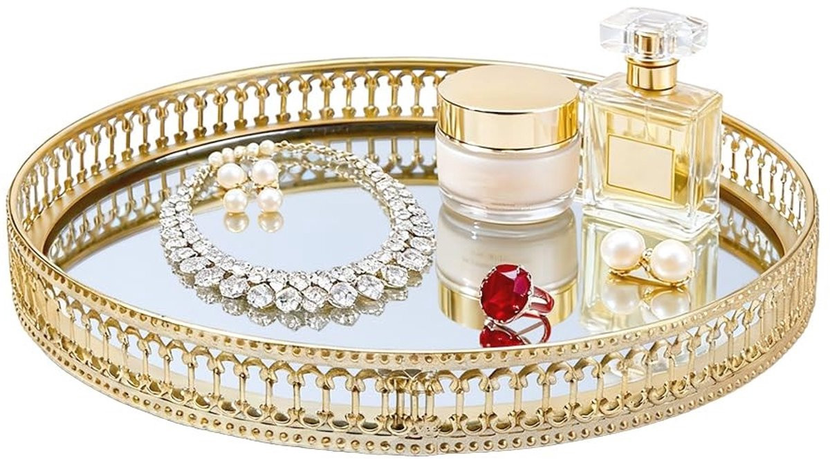 Dailygoods Vanity Tray Luxe Goud - Ronde Decoratieve Organizer met Spiegel - Diameter: 25 cm