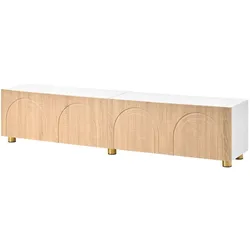 MODFU TV-Schrank aus MDF/Spanplatte Natur/Weiß 180x35x40 cm mit 4 Türen und Metallfüßen