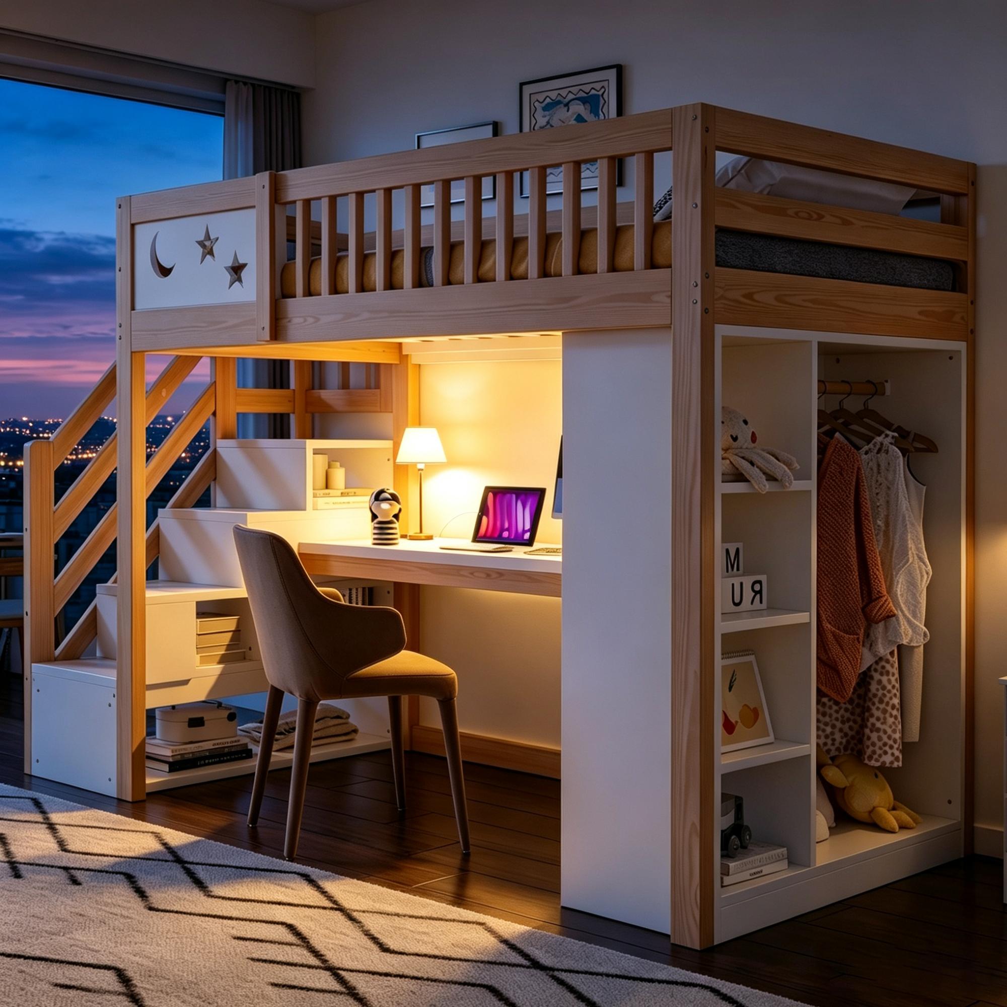 Merax Hochbett 90x200cm aus Holz mit Schreibtisch, Etagenbett mit Kleiderschrank und Stauraumtreppe, LED-Beleuchtung, Steckdose und Regalen, Natur
