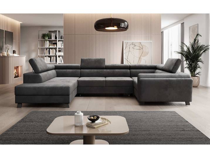 Designer Sofa Emilio mit Schlaf- und Klappfunktion - Samt - Anthrazit - Rechts - Luxusbetten24