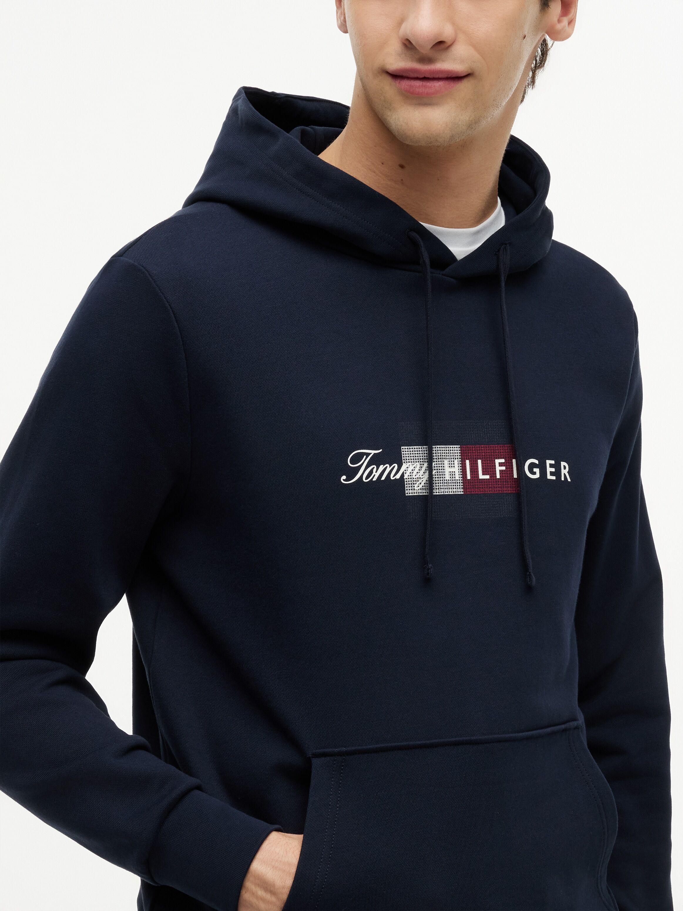 Hoodie TOMMY HILFIGER "SCRIPT FLAG HOODIE", Herren, Gr. S, blau (desert sky), Sweatware, Obermaterial: 100% Baumwolle, regular fit normal, Bündchen, Sweatshirts Hoodie, mit Flag-Grafik und Tunnelzug desert sky S